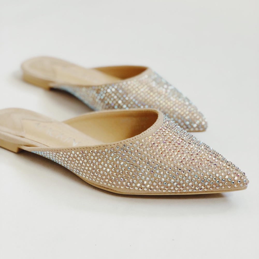 🆕Devon Nude & Rhinestone Pointy Toe Mules Slides - Picture 2 of 8